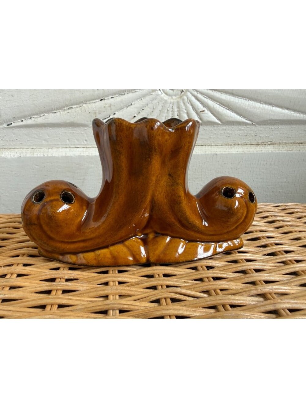 Vintage 70s Anna Van Briggle Brown Pottery Flower Frog Vase